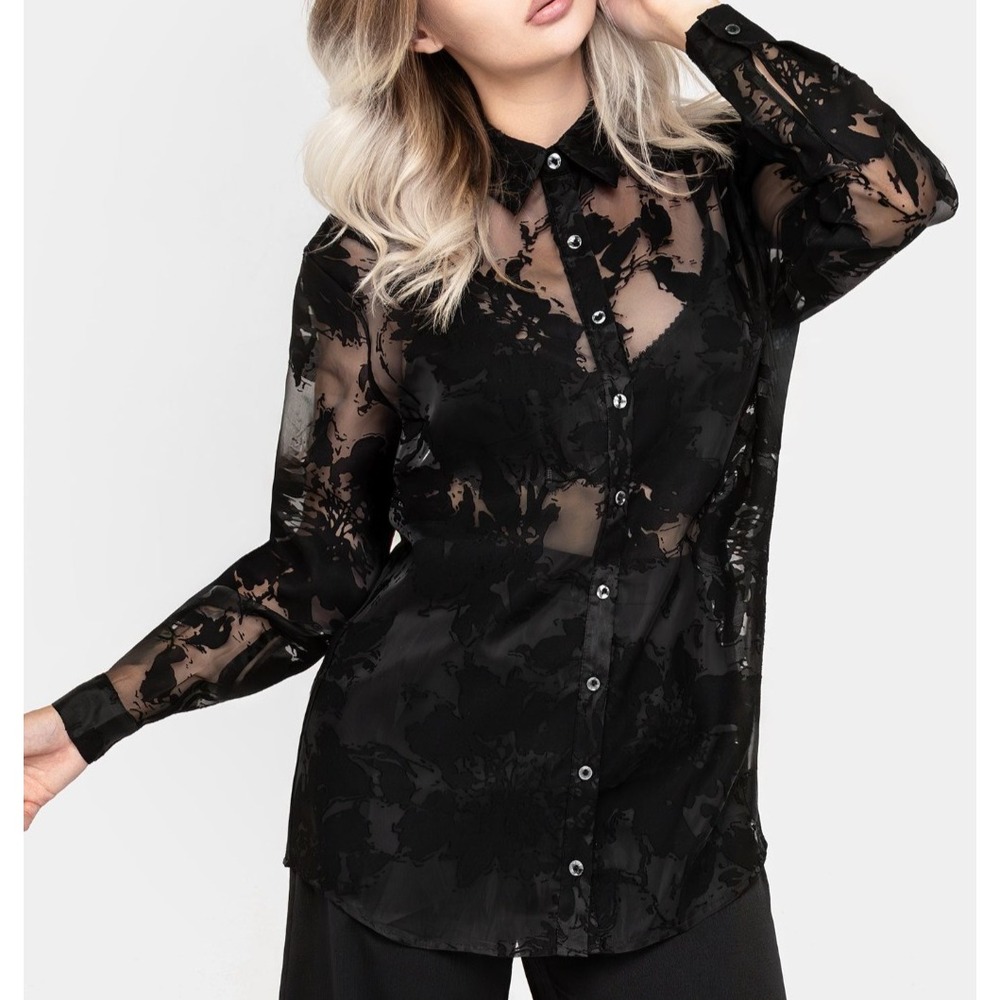 NWT DISTURBIA Inkblot sheer loose fit Button up shirt womens US16 black